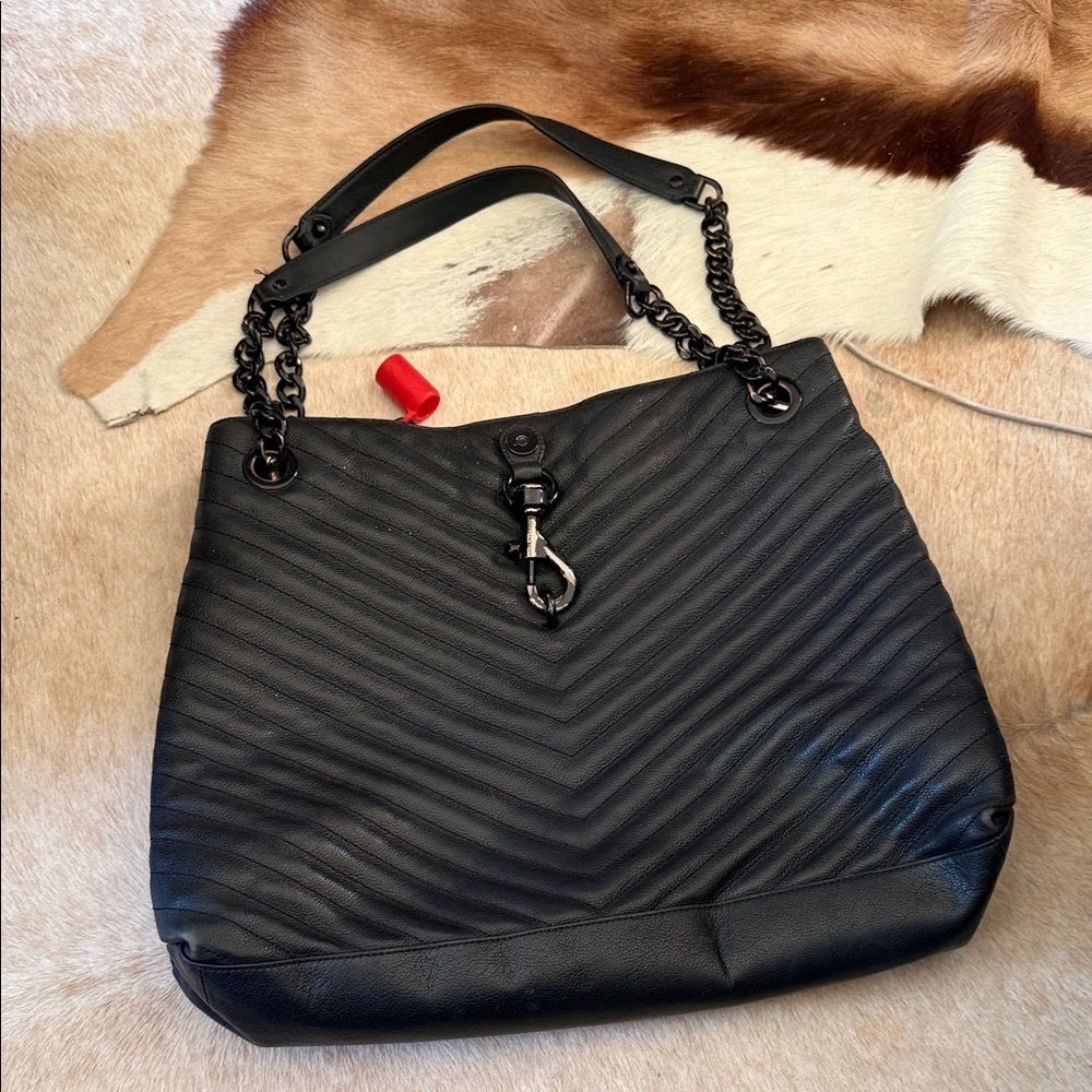Rebecca Minkoff  Black Chevron-Quilted leather Shoulder Tote Bag Chain Straps